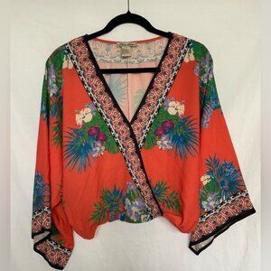 Flying Tomato Orange Green Wrap Blouse 3/4 Sleeve